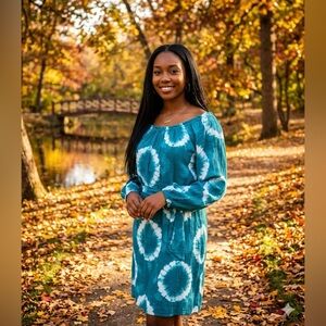 MICHAEL KORS Blue/White On/Off Shoulder Cotton Tie Dye Dress w/Belt NWT $140